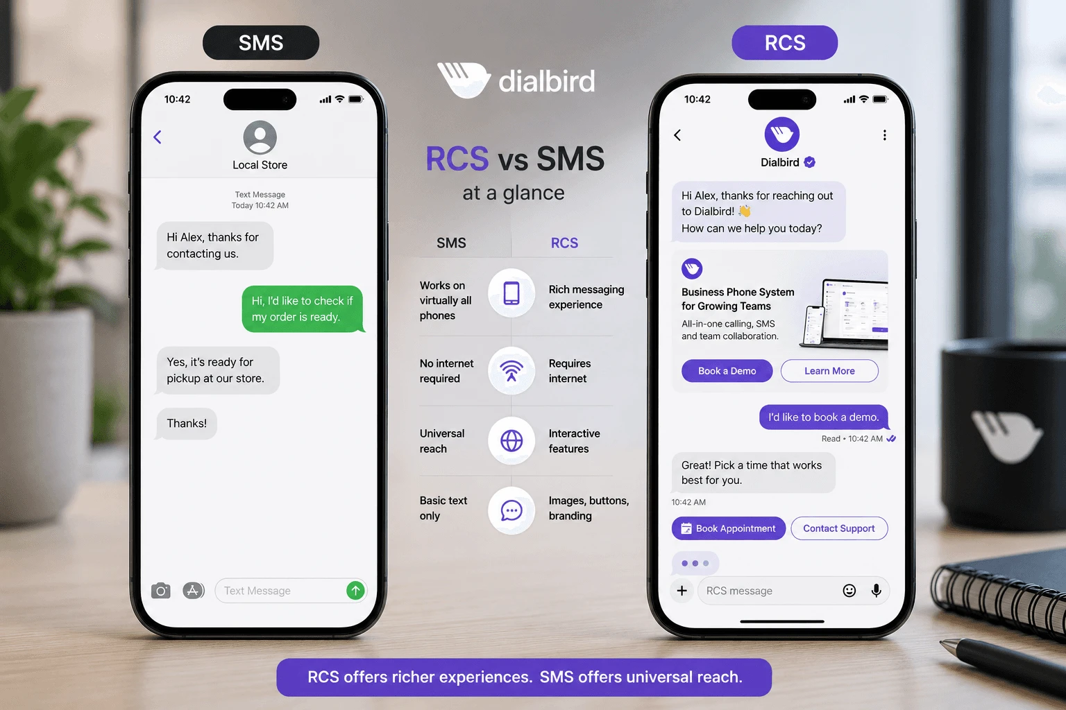 RCS vs SMS at a glance: an SMS thread and an RCS chat side by side