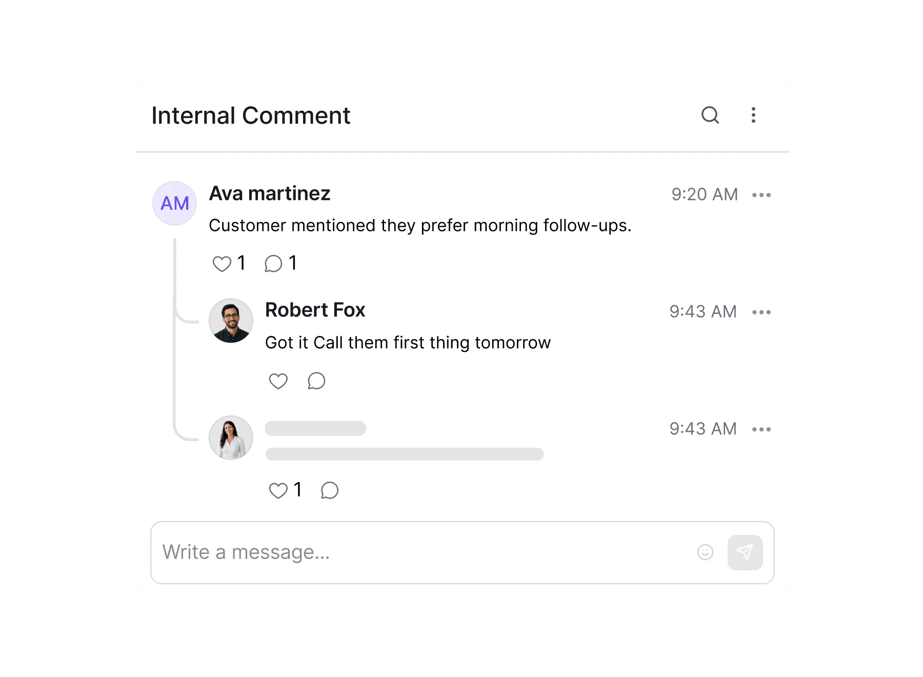 Dialbird internal comments letting team members discuss a customer conversation privately within the thread.