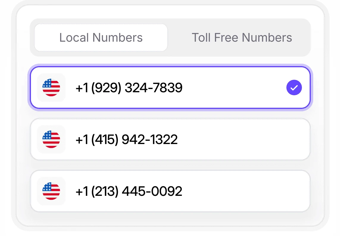 Dialbird showing available local and toll-free business numbers that can be selected and activated quickly.