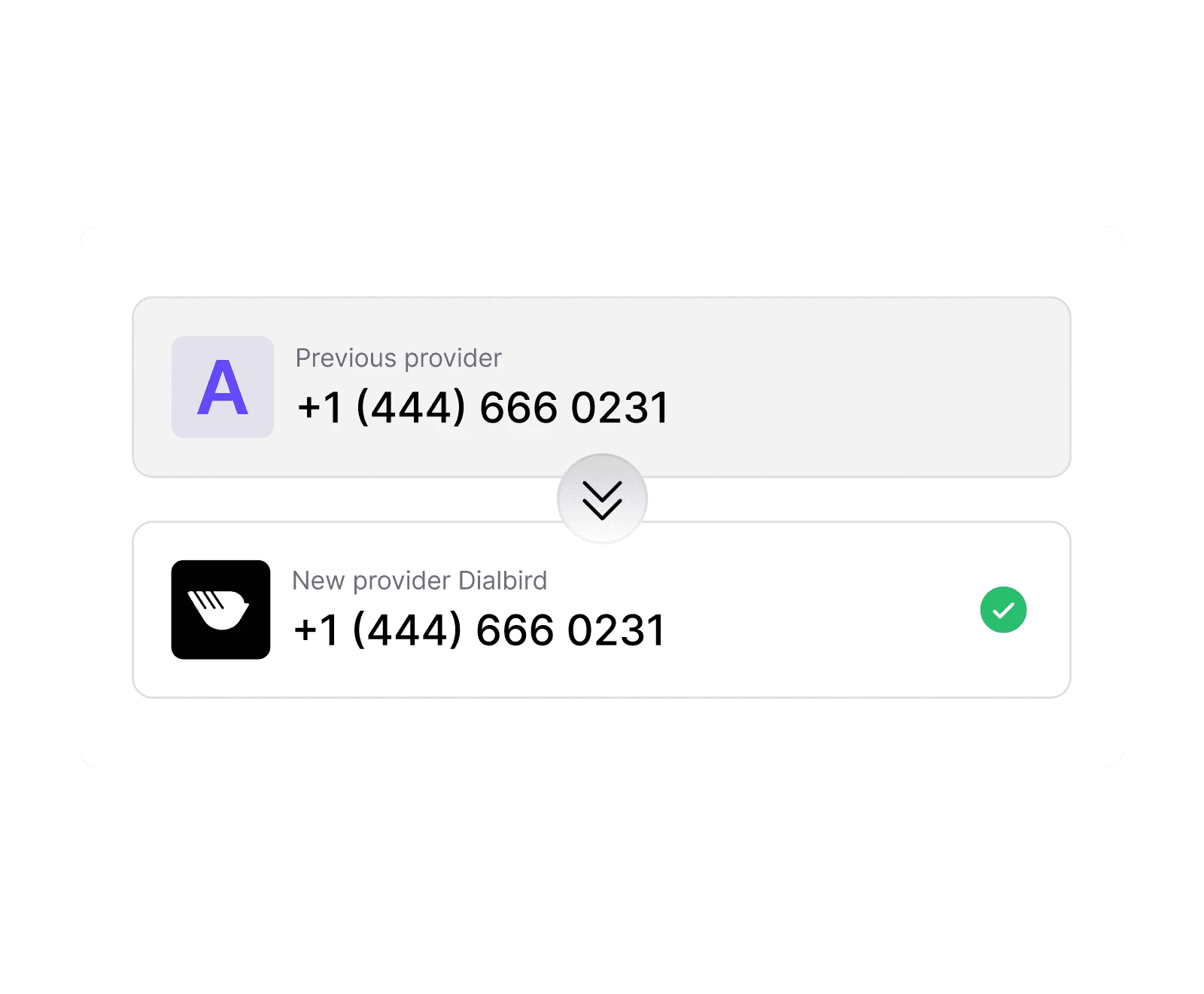 Dialbird number porting showing an existing business number being transferred from a previous provider to Dialbird.