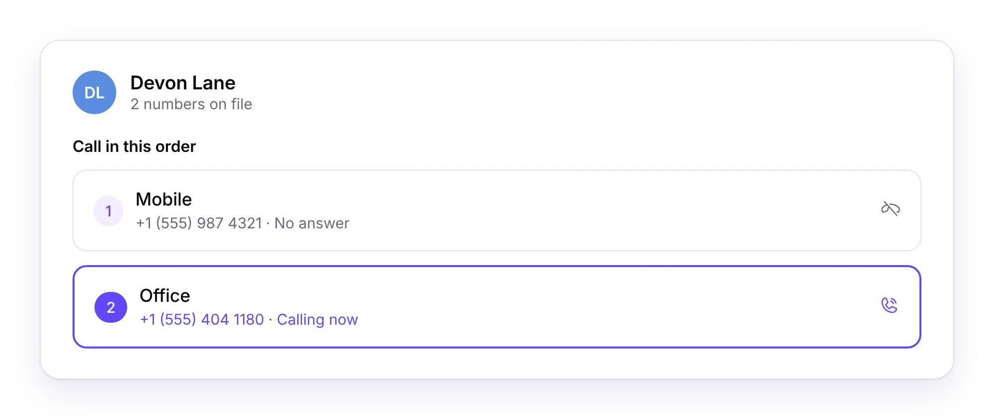 Dialbird power dialer calling a contact’s office number after their mobile number went unanswered.