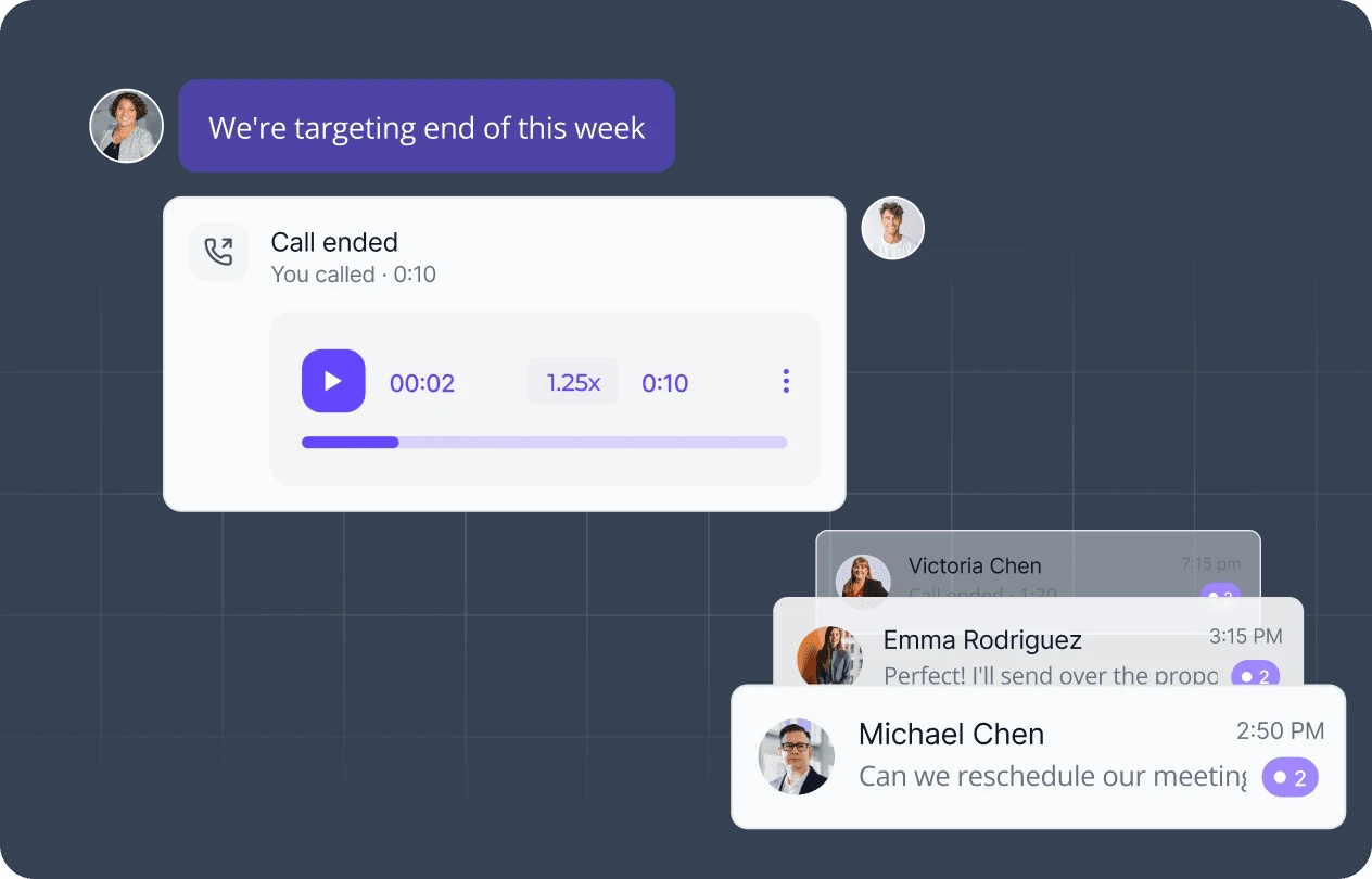 Call record with audio playback, a chat message, and customer conversation previews in the Dialbird interface.
