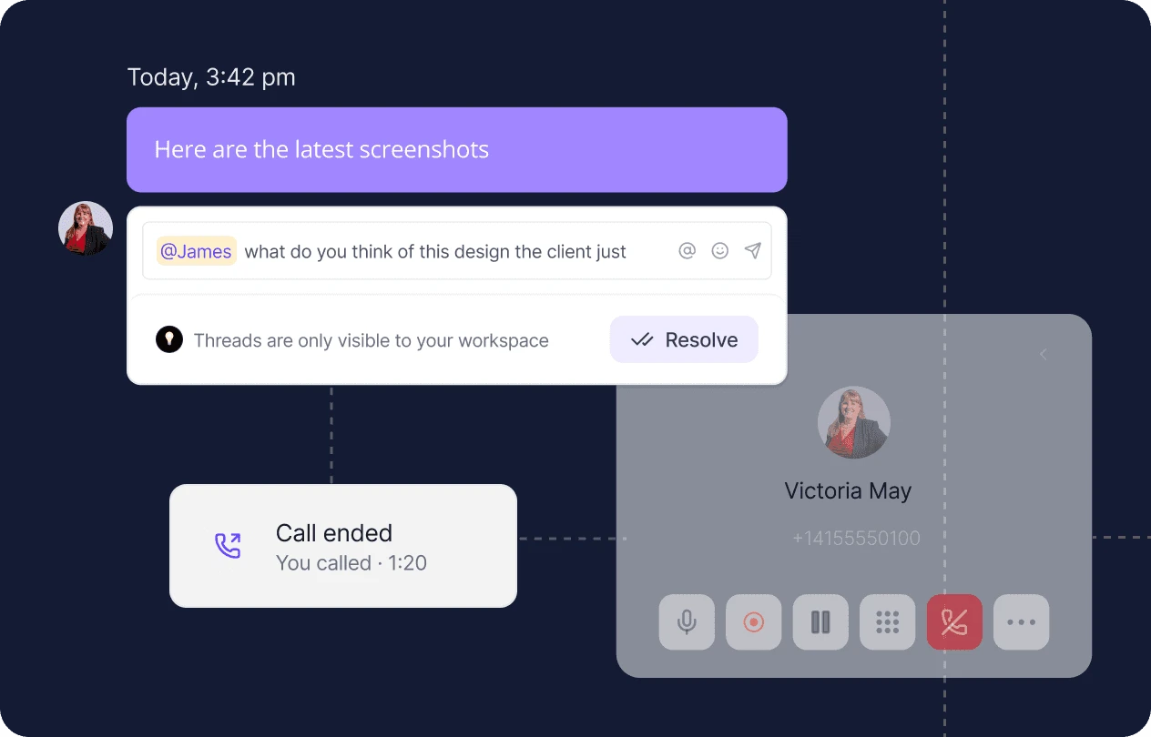 Team chat with a message thread, mention, completed call record, and active call window in the Dialbird interface.
