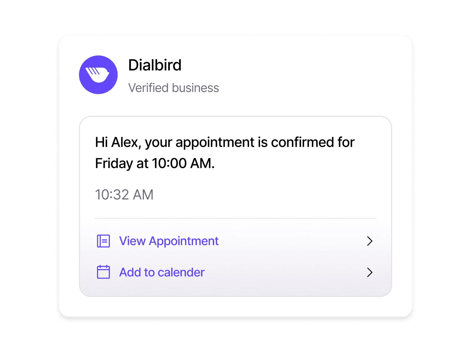 Dialbird RCS messaging showing a branded appointment confirmation with options to view or add it to a calendar.