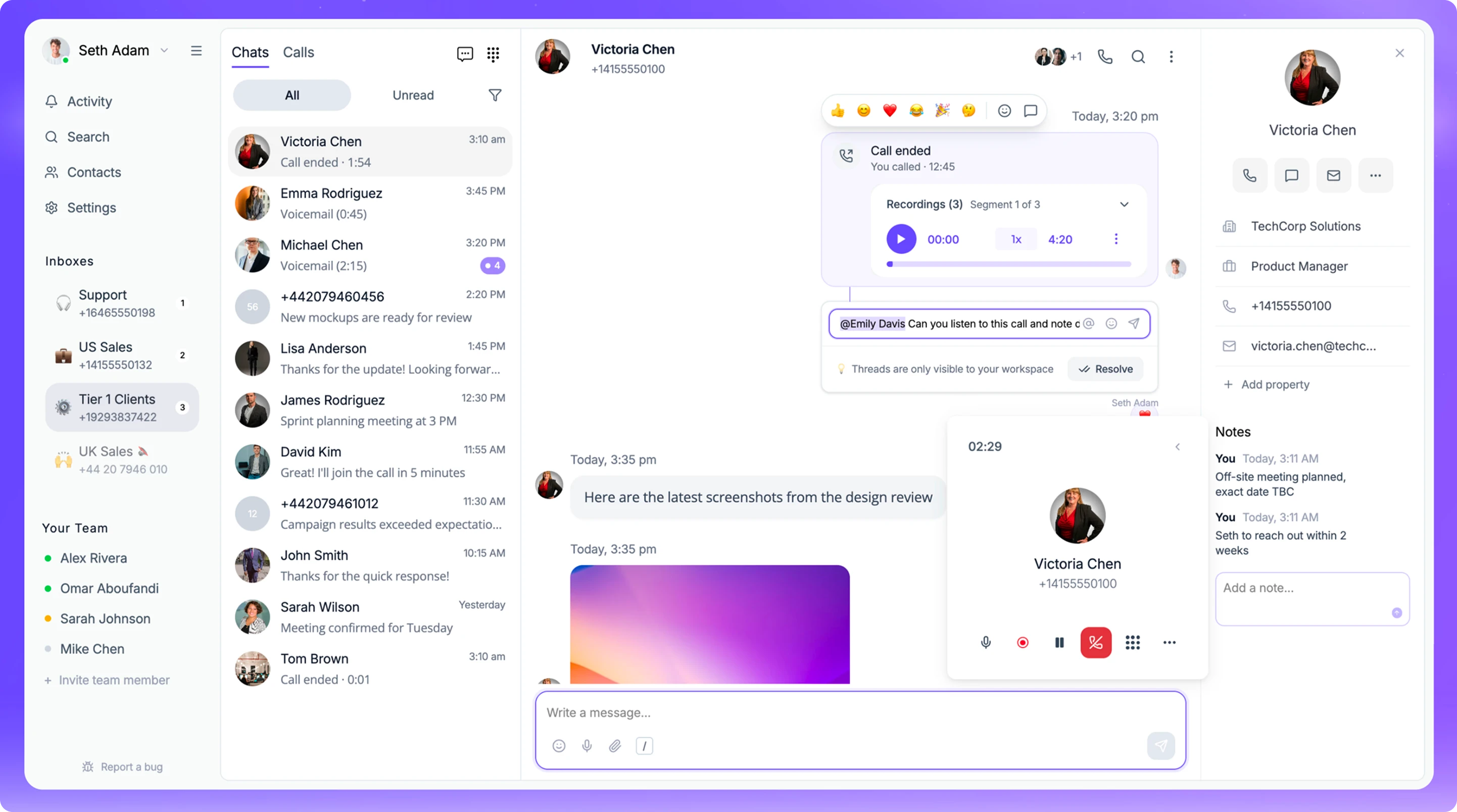 Dialbird web app, formerly Chalkboard, showing chats, calls and contacts