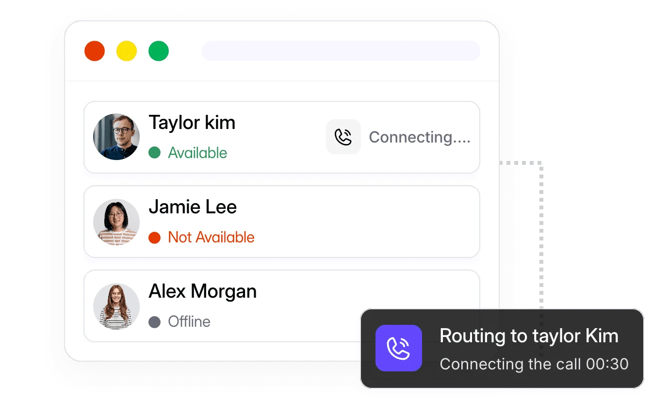 Dialbird routing incoming calls only to available team members while skipping users who are offline or already on a call.