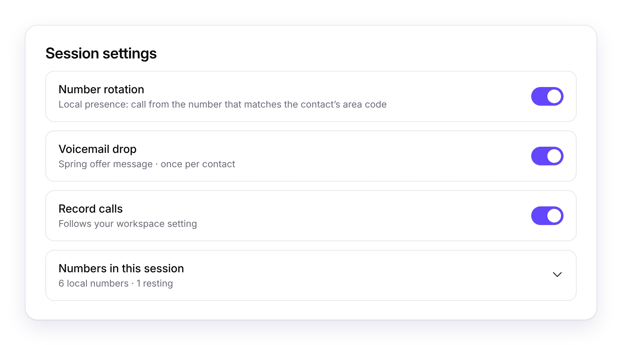Dialbird power dialer session settings with number rotation, voicemail drop, call recording and the numbers used in the session.
