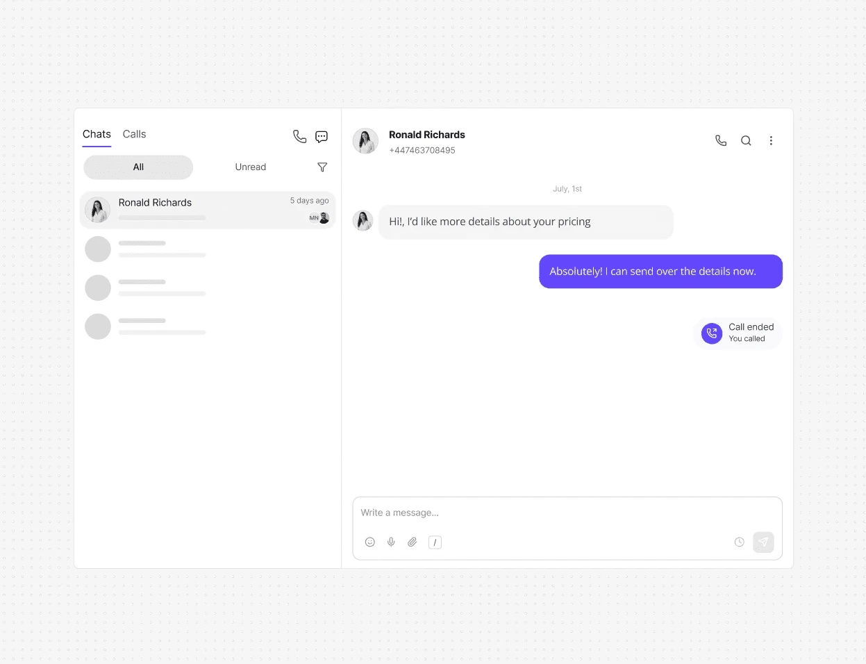 Dialbird shared sales inbox keeping customer calls, messages, and follow-ups together in one conversation.