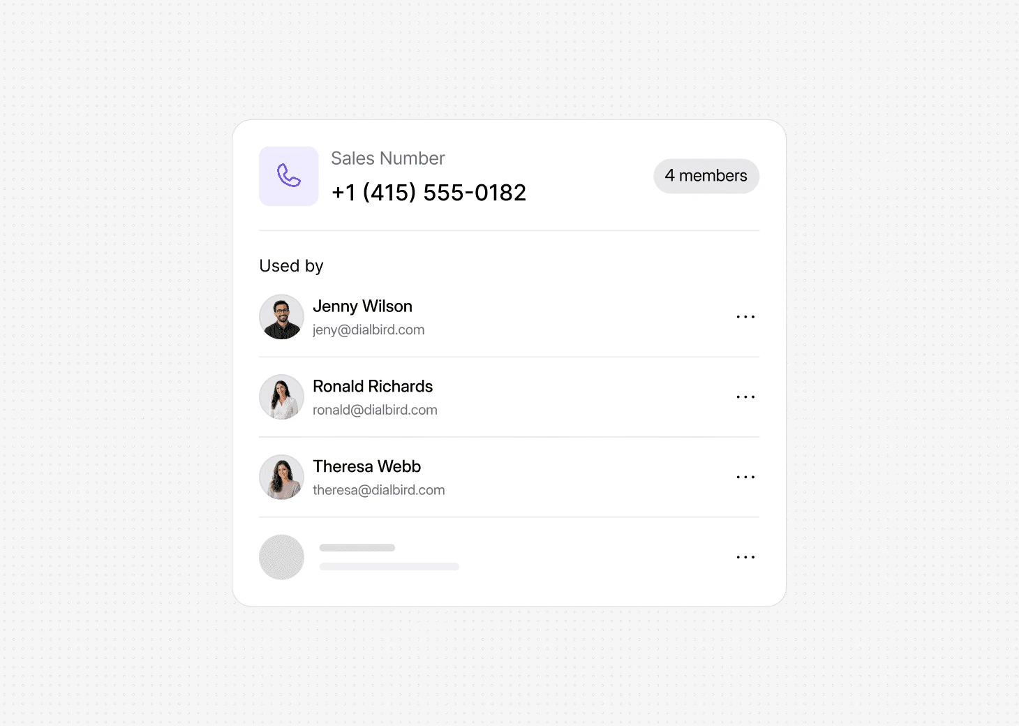 Dialbird shared sales number giving multiple sales reps access to handle calls and customer conversations from the same business number.