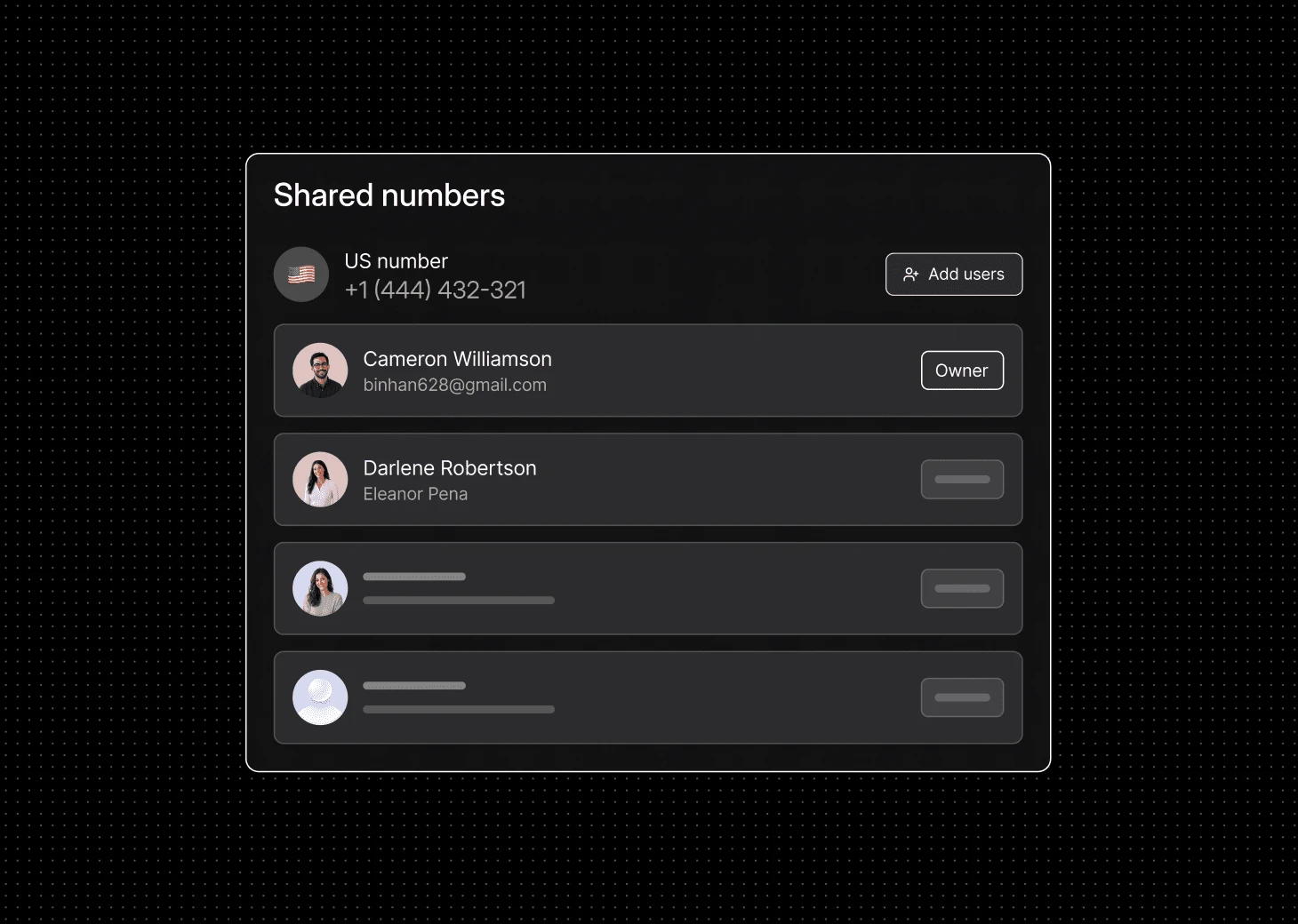 Dialbird shared number giving office and remote teammates access to handle calls from the same business number.