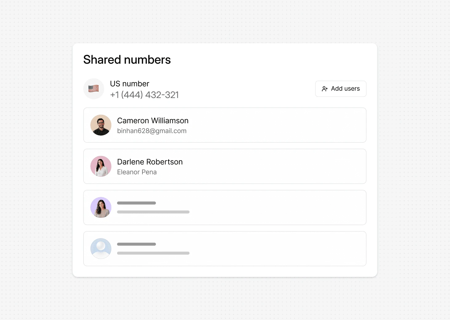 Dialbird shared number giving remote teammates access to handle customer calls and messages from one business number.