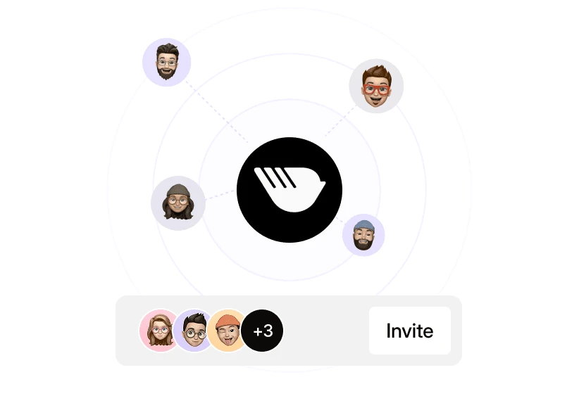 Team member avatars connected around the Dialbird logo with participant icons and an invite button.