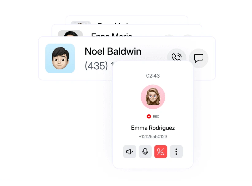 Active call interface displaying a contact profile, call duration, and call controls in the Dialbird interface.