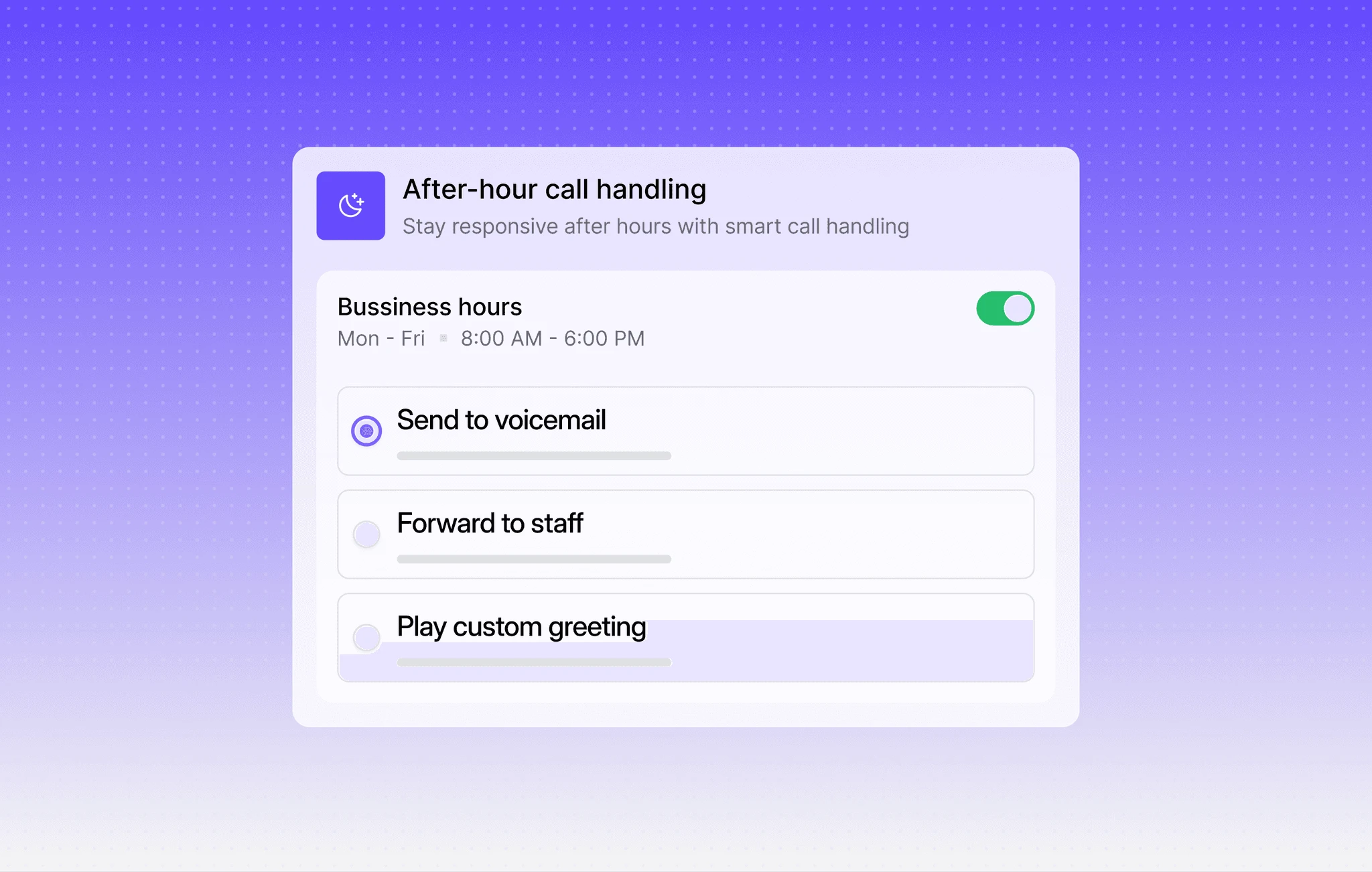 Dialbird after-hours call handling showing options to send real estate enquiries to voicemail, forward them to staff, or play a custom greeting.
