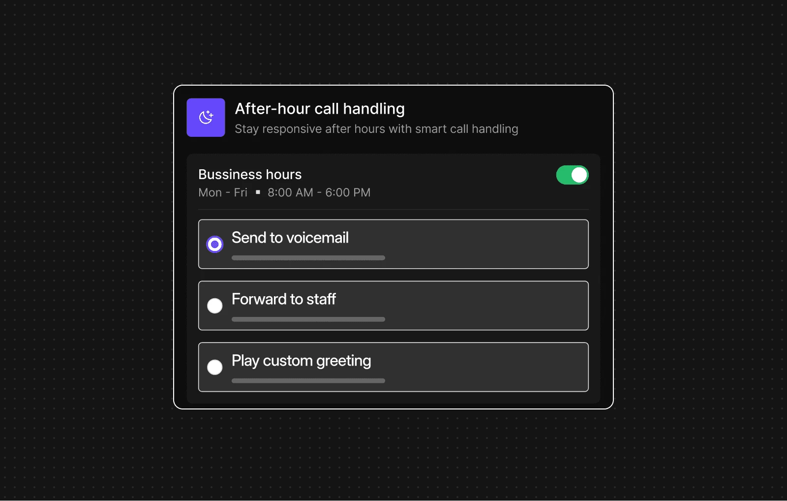 Dialbird after-hours call handling showing options to send callers to voicemail, forward calls to staff, or play a custom greeting when the business is closed.