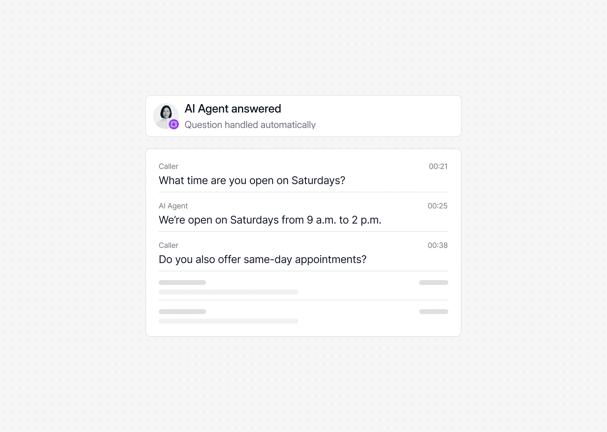 Dialbird AI agent answering customer questions using connected business knowledge and information.