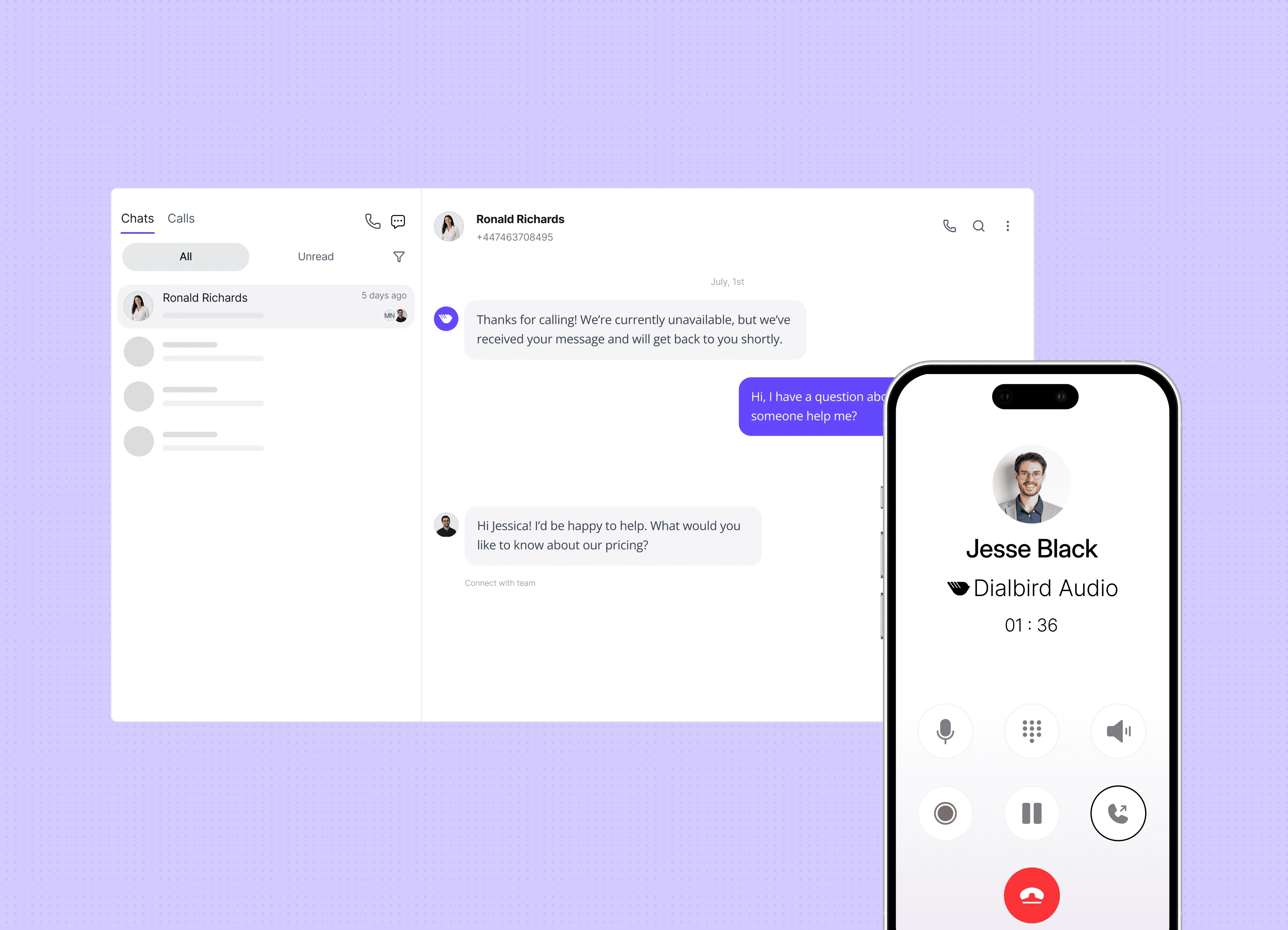 Dialbird mobile business number syncing calls and messages across desktop and mobile so teams can handle customer conversations from one dedicated number