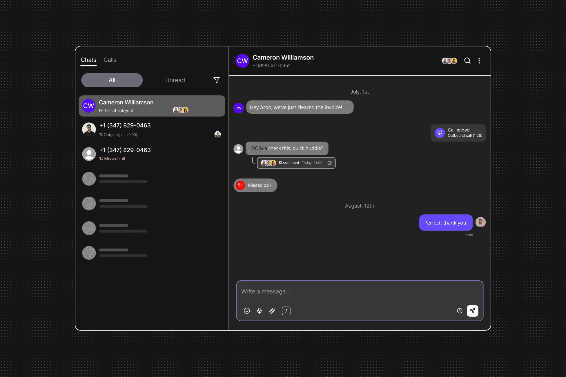 Dialbird team inbox for internal collaboration and customer conversations