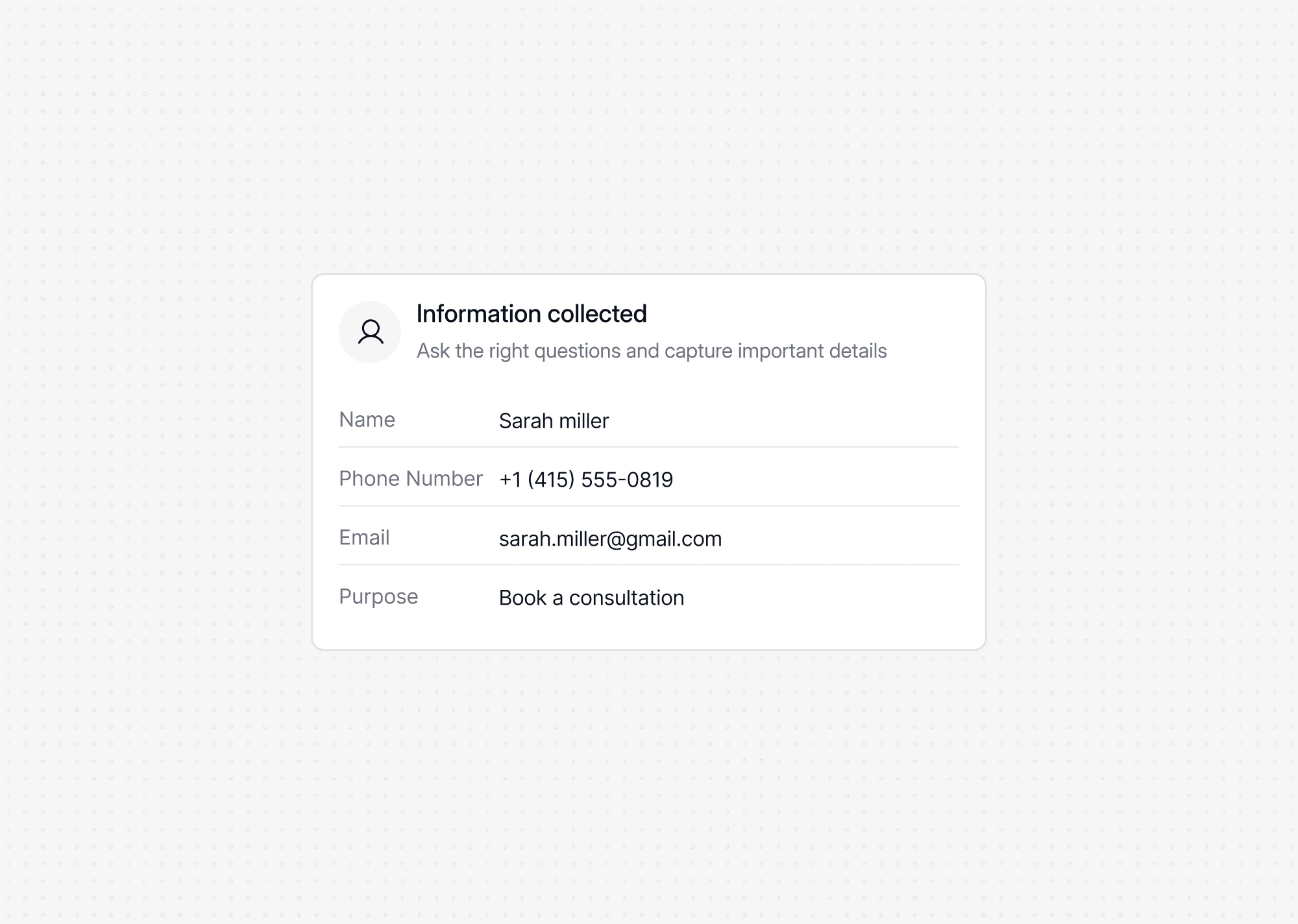 Dialbird AI agent collecting customer names, contact details, and enquiry information during a live call.