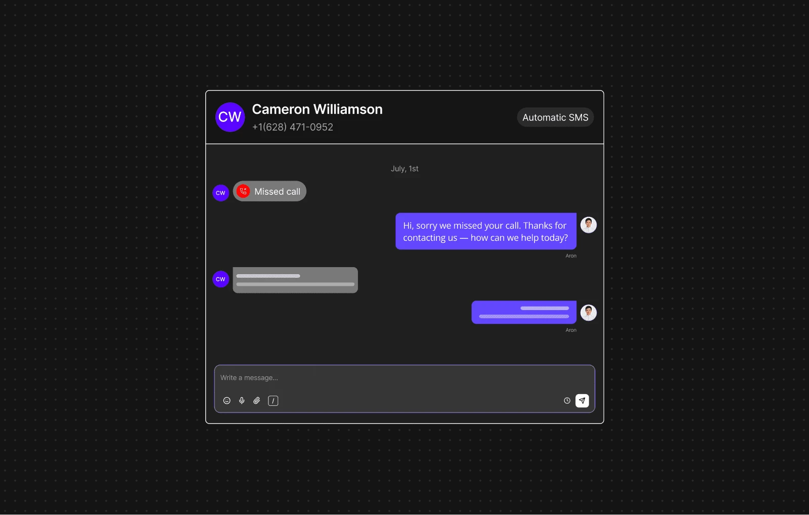 Dialbird missed-call text-back automatically sending a message after an unanswered call so the customer conversation can continue by text.