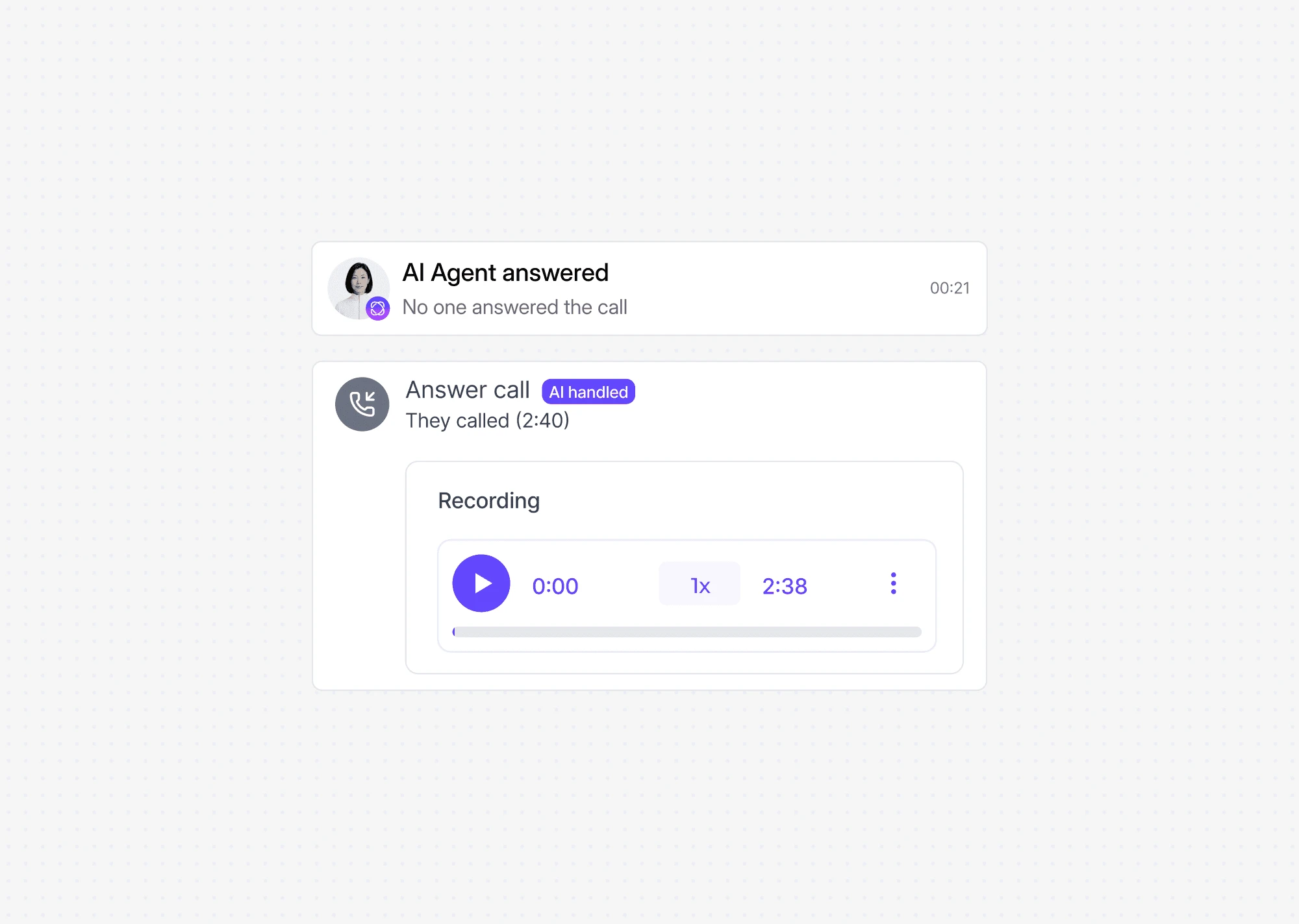 Dialbird AI agent answering an incoming customer call automatically when the team is busy or unavailable.