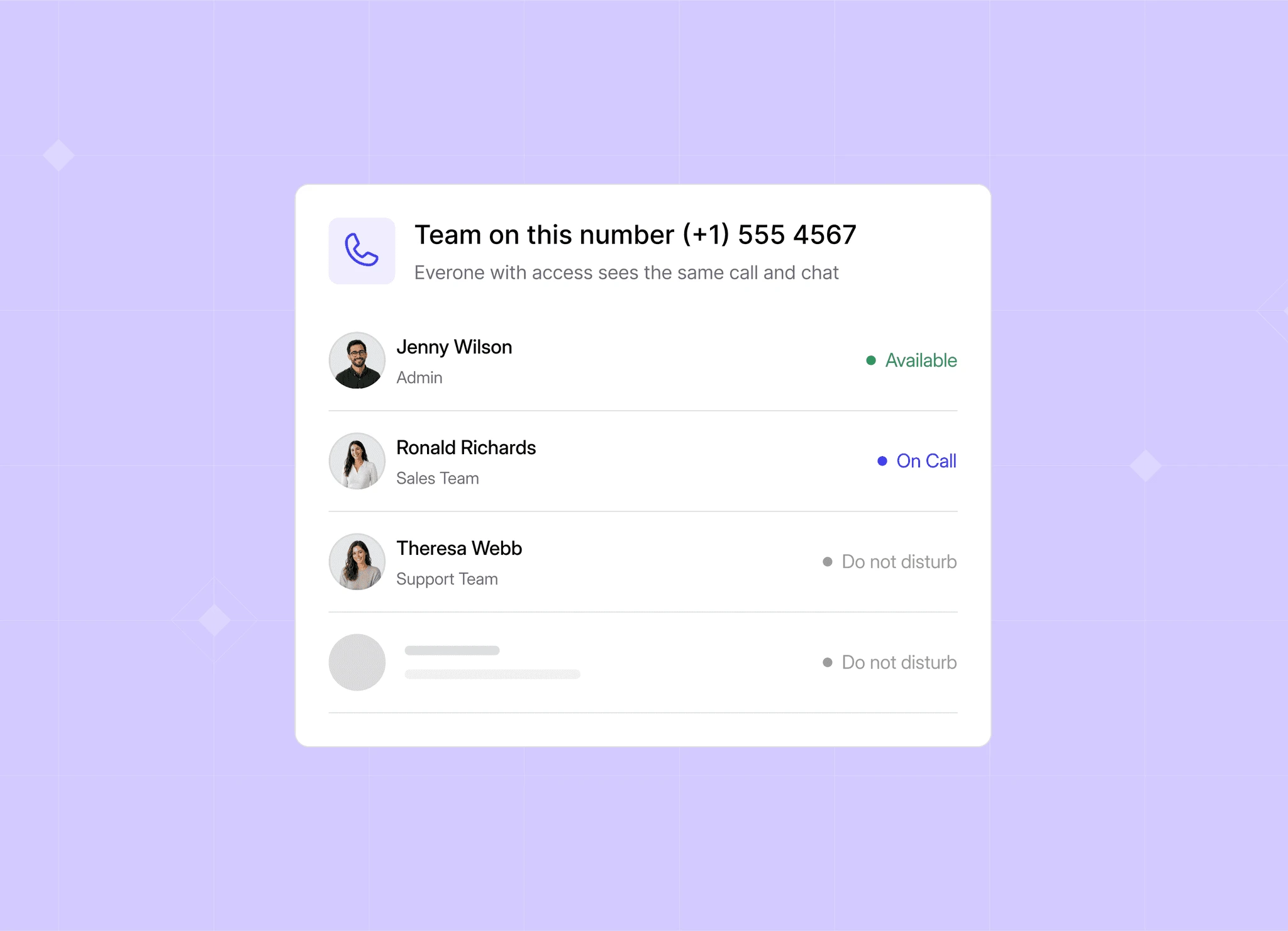 Dialbird shared mobile business number giving multiple team members access to answer calls and messages from the same number.