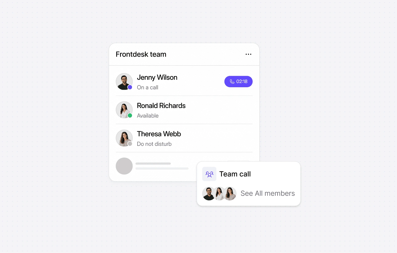 Dialbird front-desk teamwork showing dental staff availability and shared access for handling patient calls.