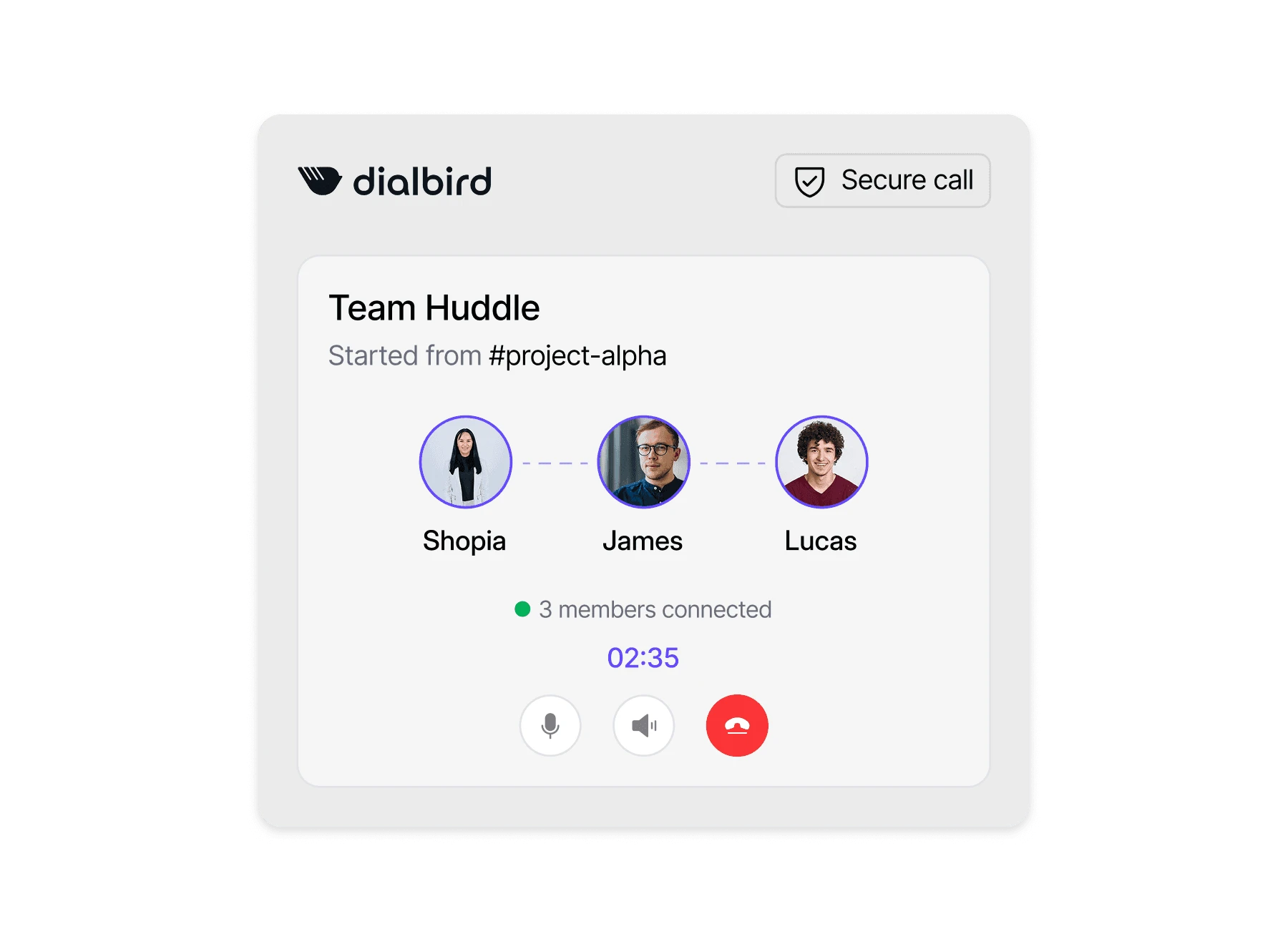 Dialbird team huddle starting a quick audio call with multiple teammates from the shared workspace.