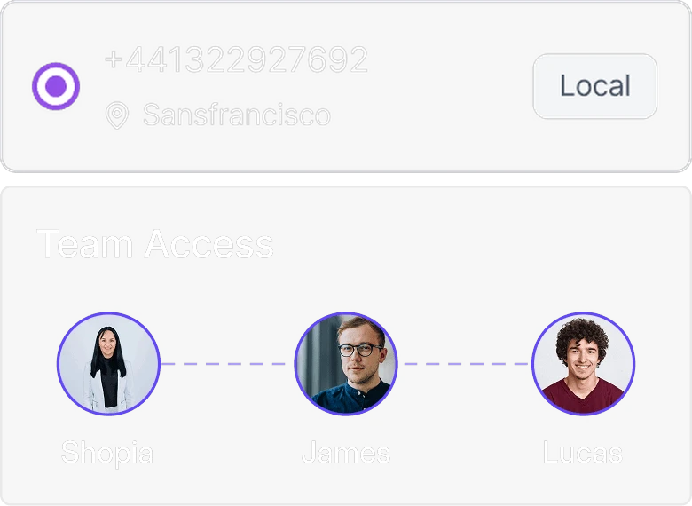 Dialbird local phone number showing shared team access so multiple teammates can answer calls and messages from the same business number.