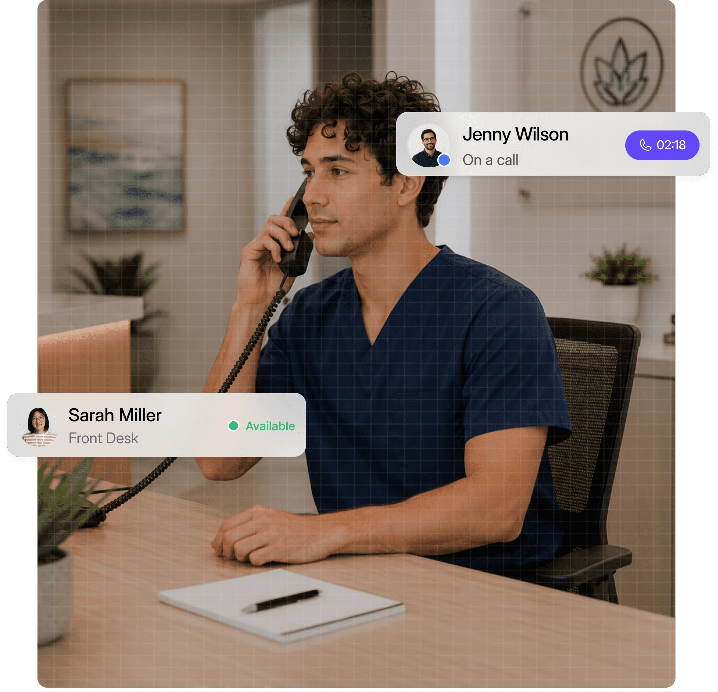Dialbird healthcare call handling showing a patient call routed between front desk staff and AI support based on availability and call rules.