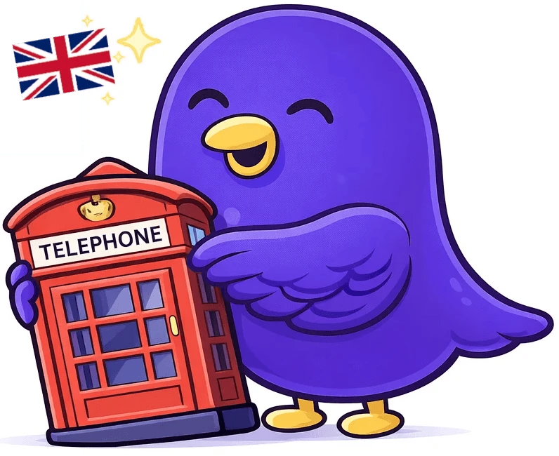 Purple bird mascot holding a British telephone box with a United Kingdom flag in the background.