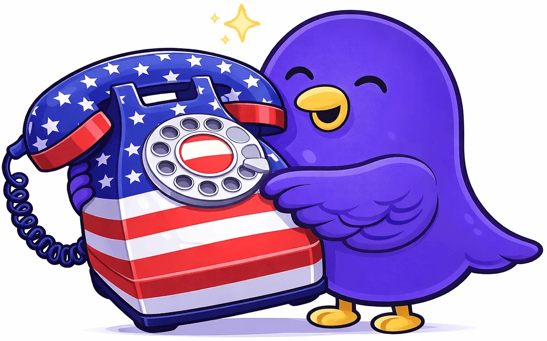 Purple dialbird bird mascot holding a British telephone box with a United Kingdom flag in the background.