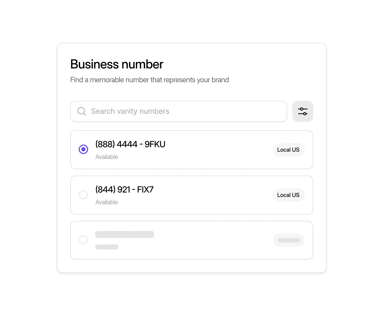 Dialbird virtual business number selection showing available local numbers for business use.