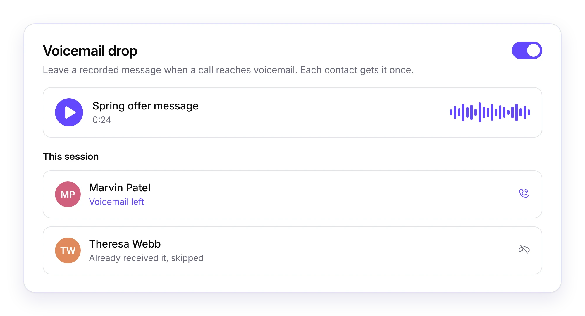 Dialbird voicemail drop leaving a recorded message for one contact and skipping a contact who already received it.