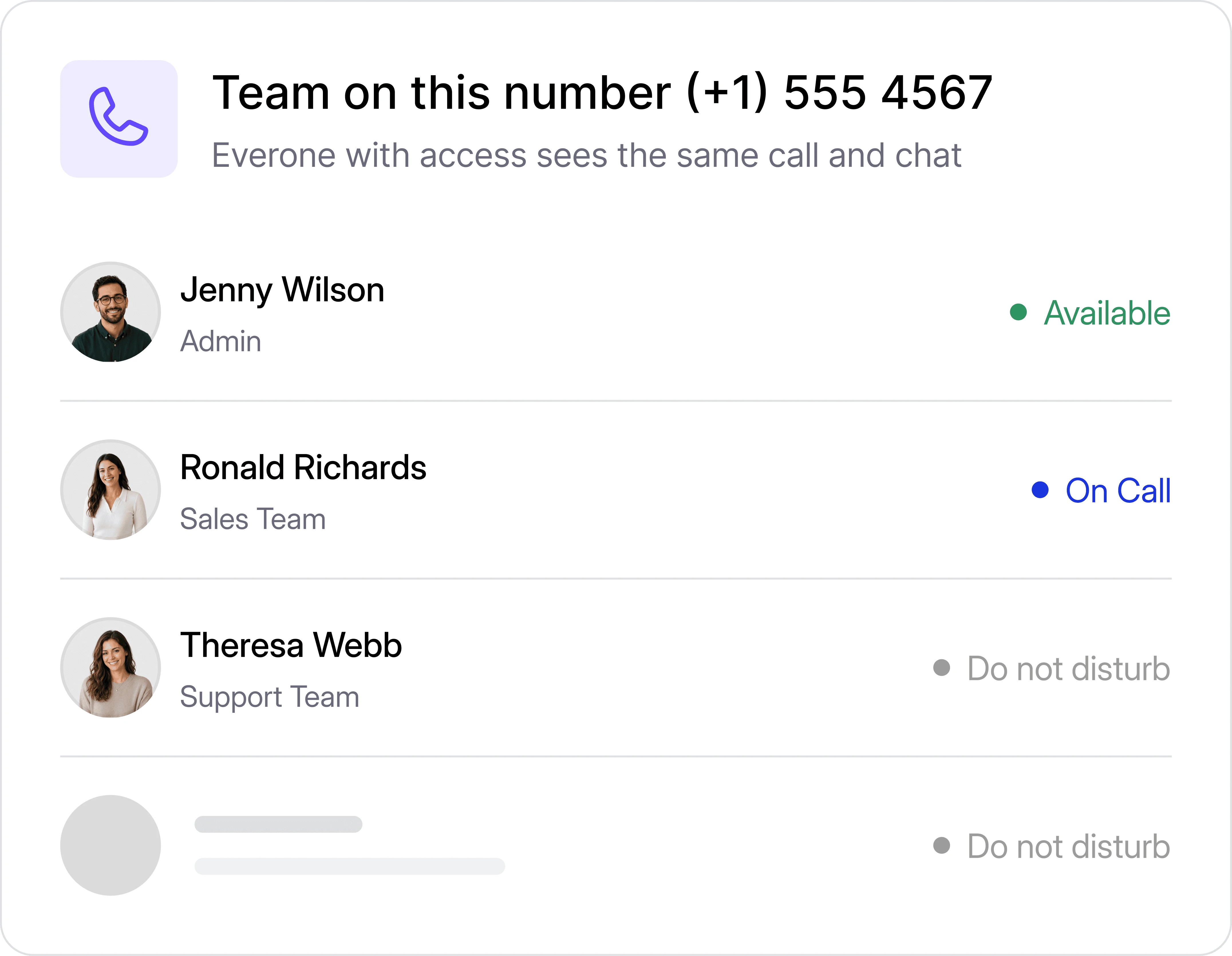 Dialbird shared phone number showing a team with shared access to one business number for calls and texts.