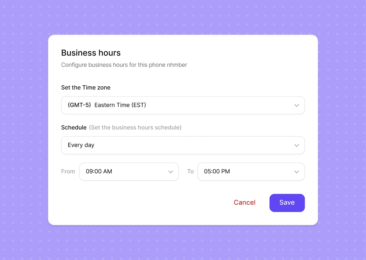 Dialbird business hours settings showing the time zone, schedule, opening days, and daily hours for a business phone number.