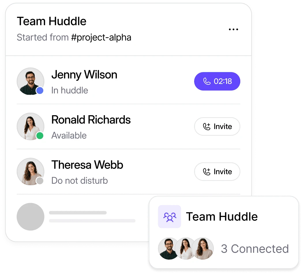 Dialbird member-to-member calling showing teammates starting and joining a private team huddle separate from customer calls.