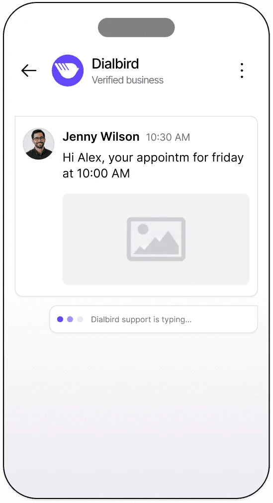 Dialbird RCS messaging showing a branded mobile conversation with appointment details, images, read receipts, and typing indicators.