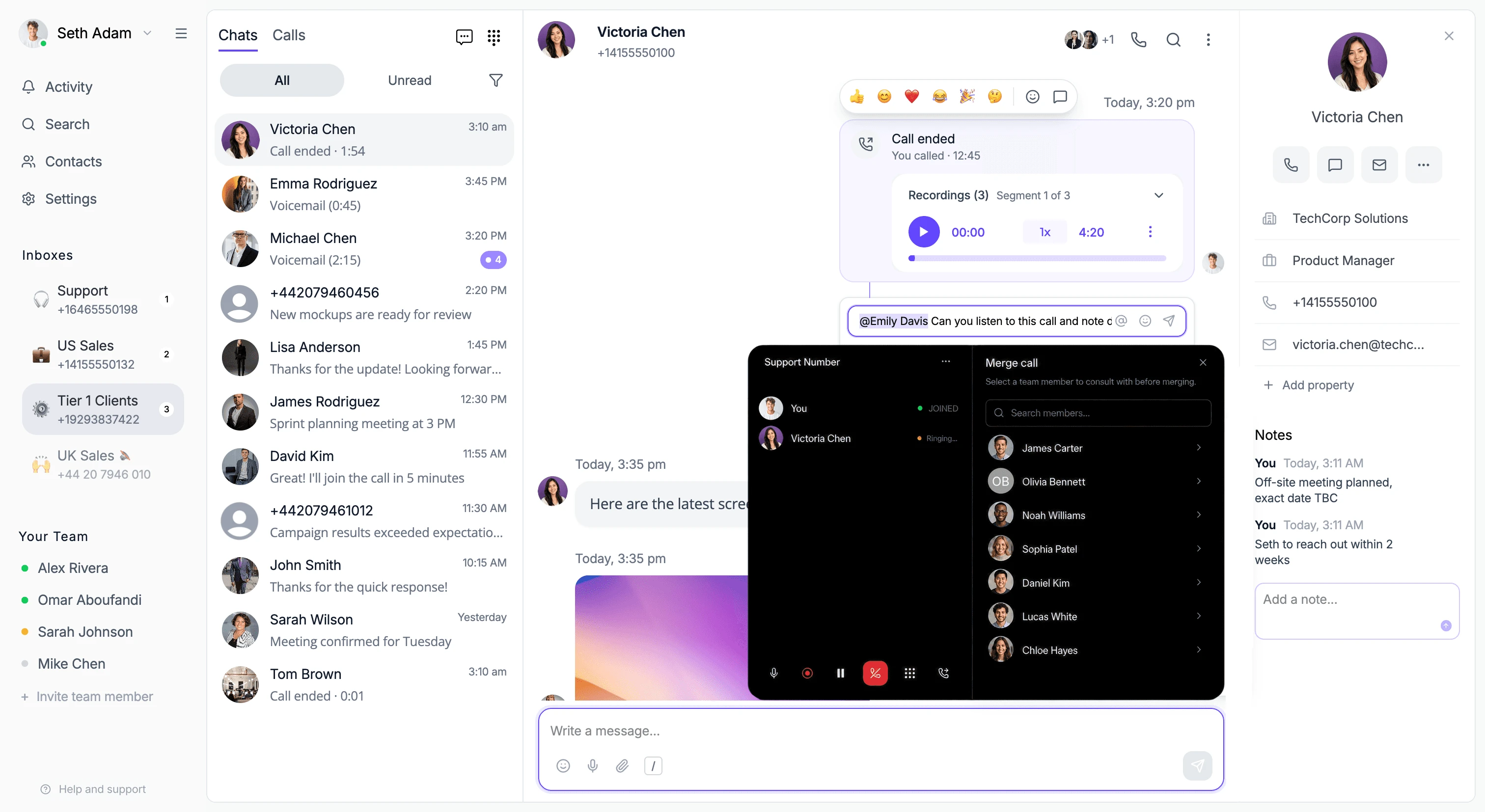 Dialbird workspace showing shared inboxes, customer conversations, call recordings, contact notes, and a live call being merged with another team member.